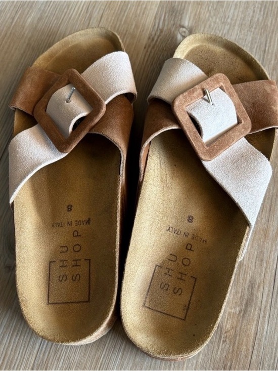 ShuShop Shoes - ShuShop Two-Tone Suede Buckle Slide Sandals - Beige & Brown